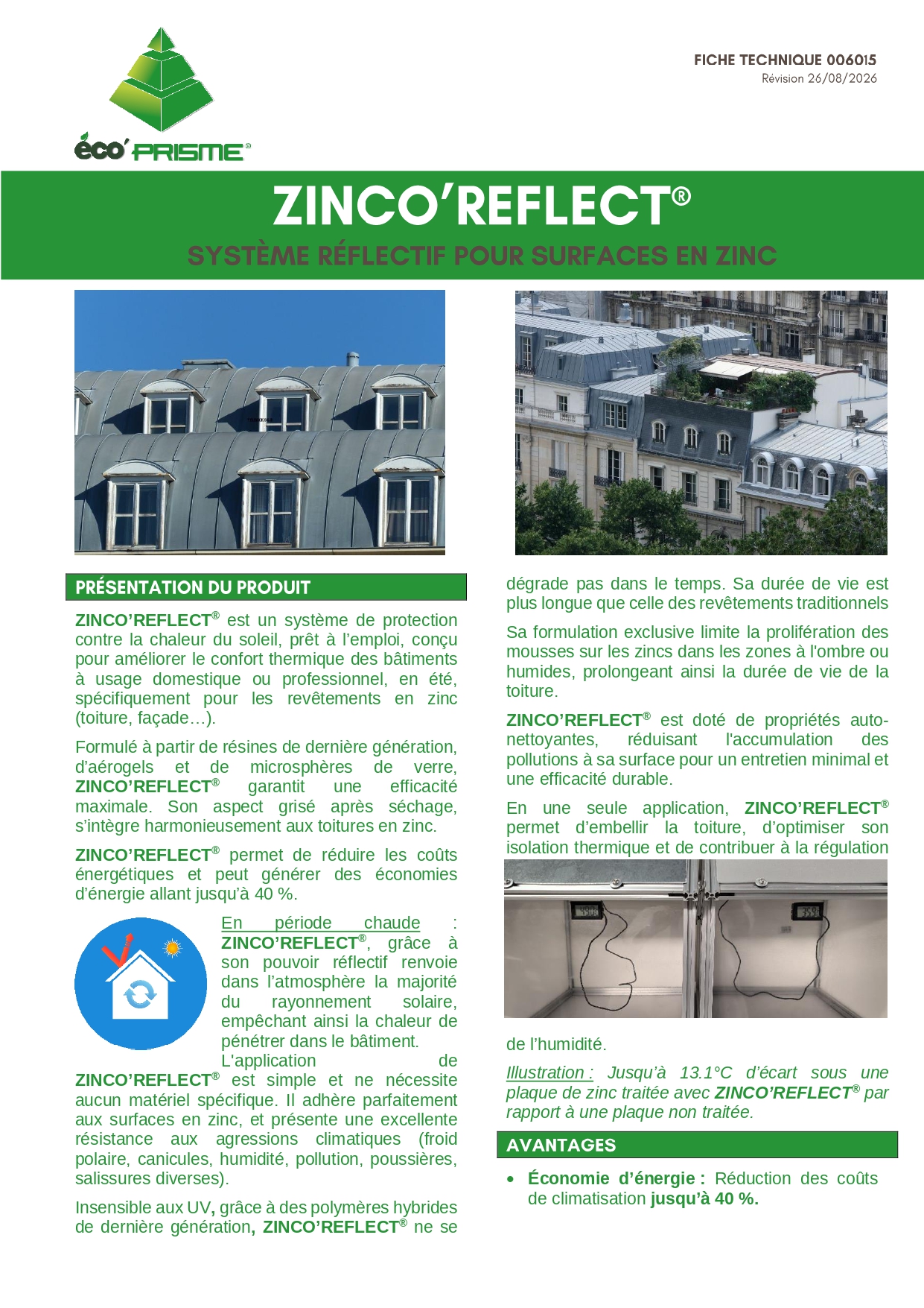 1ere page de la FT ZINCO'REFLECT